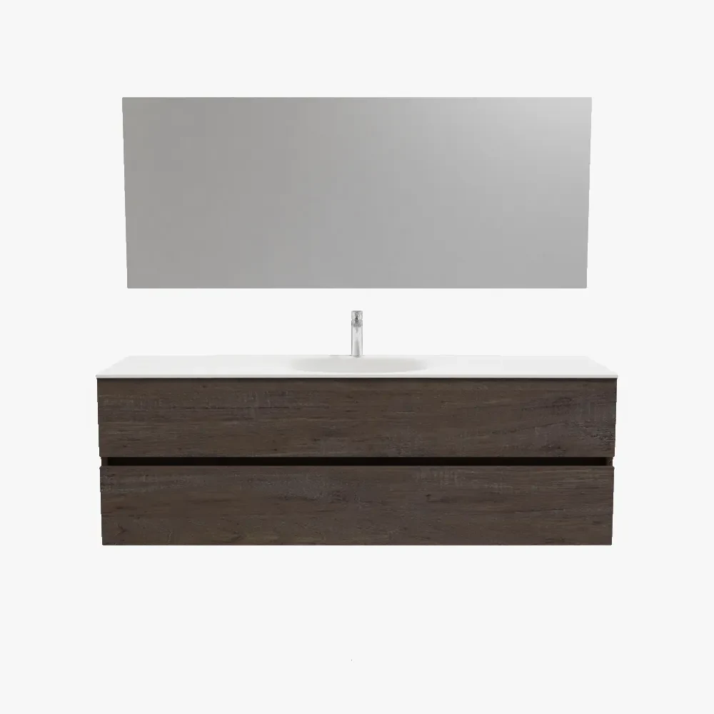 Zaro Sevilla Solid Surface badmeubel 150cm donker eiken 1 kraangat spoelbak midden met 2 lades