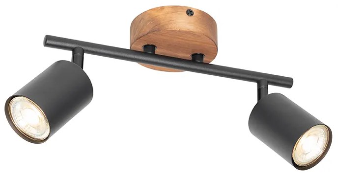 Industriële spot zwart met hout kantelbaar 2-lichts - Jeana