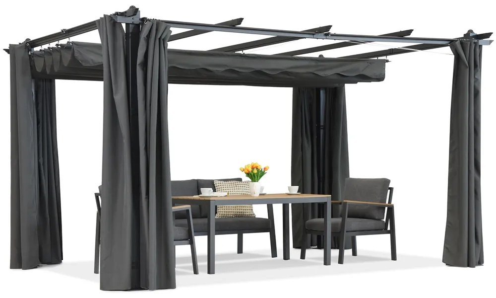Barbados terraspergola 3x3 m met Garden Point antraciet gordijnen