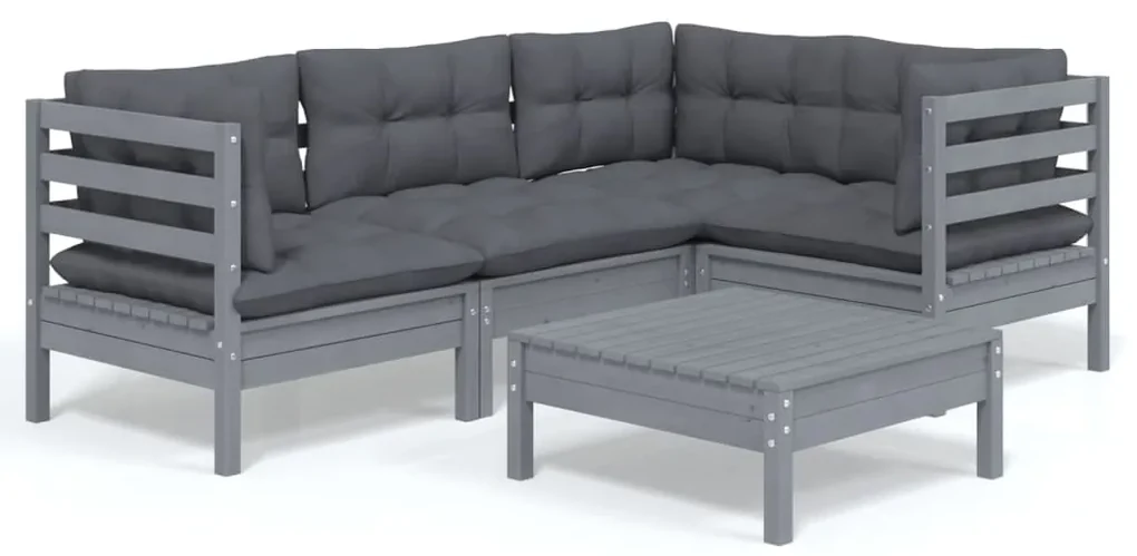 vidaXL 5-delige Loungeset met kussens grenenhout grijs