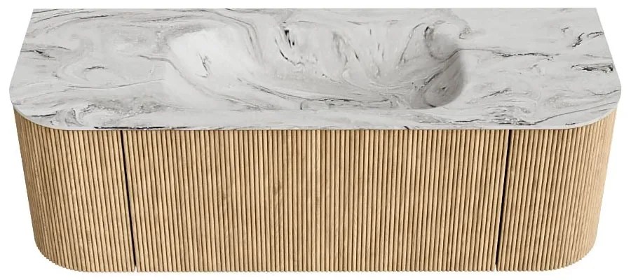 Mondiaz Kurve-dlux 130cm badmeubel ronding links/rechts oak met 1 lade en 2 deuren en wastafel big small midden zonder kraangat glace