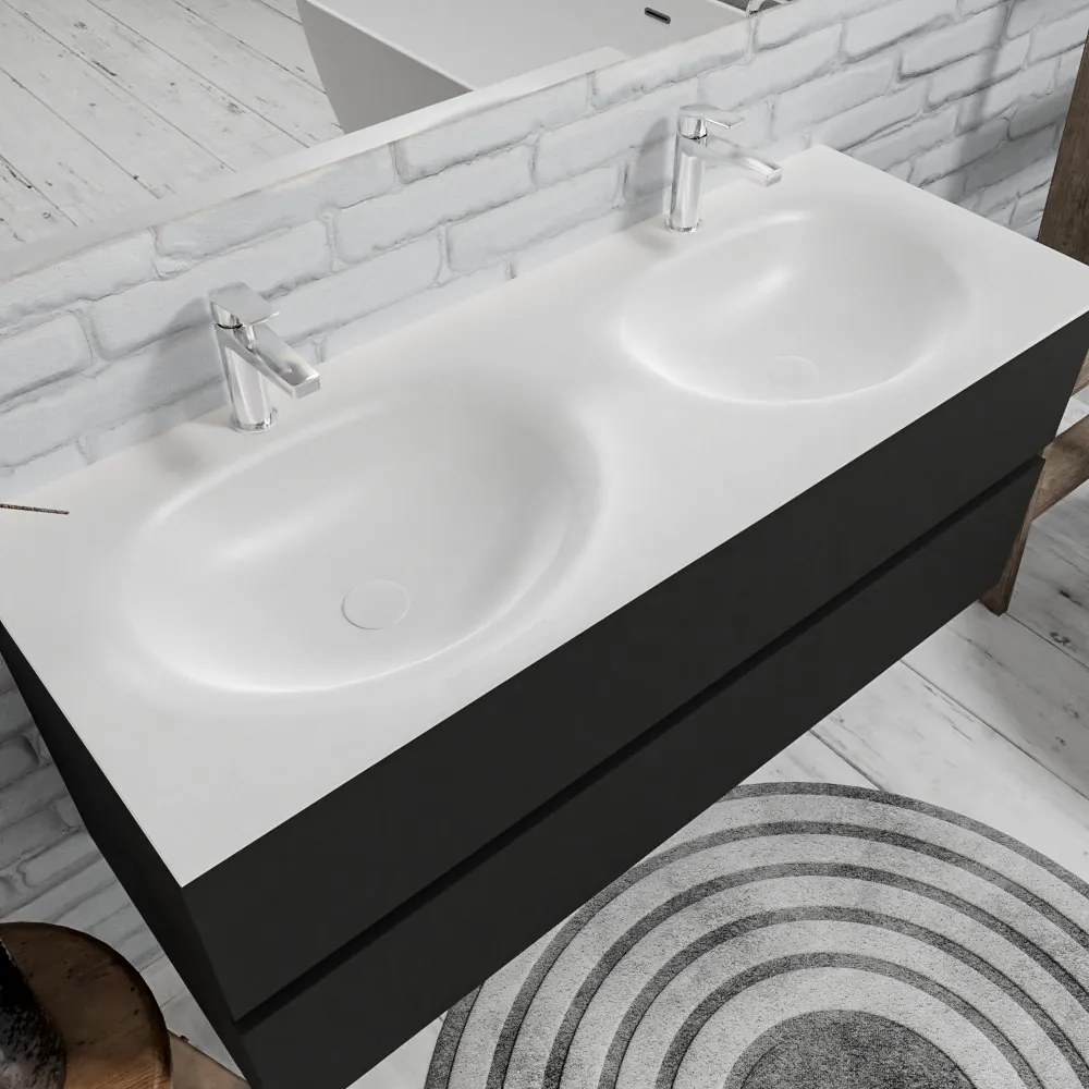 Zaro Sevilla Solid Surface badmeubel 120cm mat zwart 2 kraangaten met 2 lades dubbele spoelbak