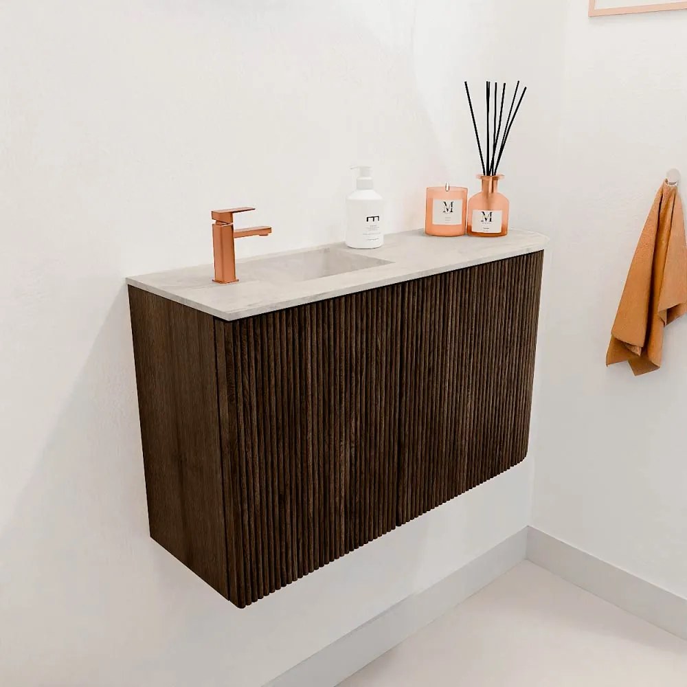 Mondiaz Joya DLux 70cm toiletmeubel ronding rechts walnut met wastafel faye links 1 kraangat ostra