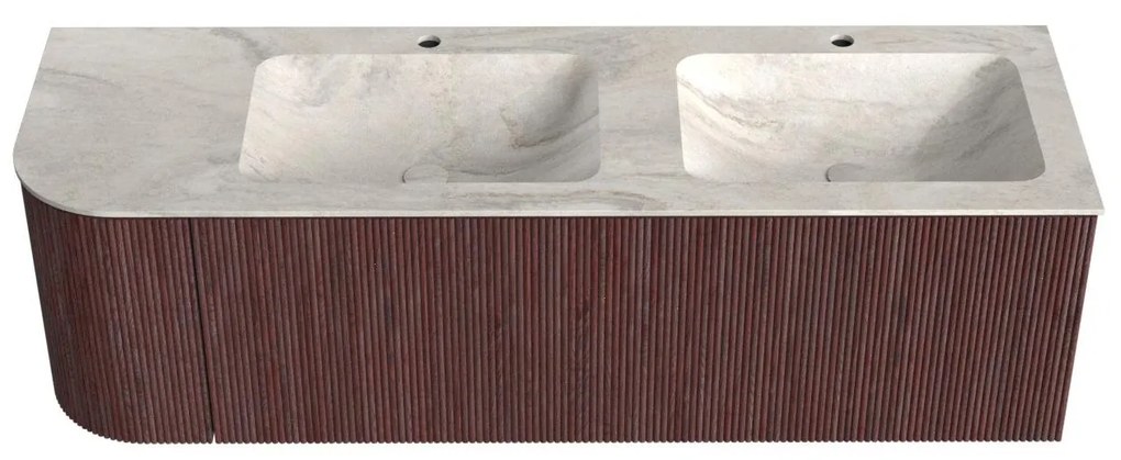 Mondiaz Kurve-dlux 145cm badmeubel ronding links ruby met 1 lade en deur en wastafel leaf dubbel/rechts 2 kraangaten ostra