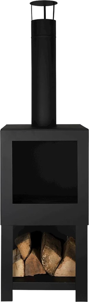 Esschert Design terraskachel met houtopslag zwart