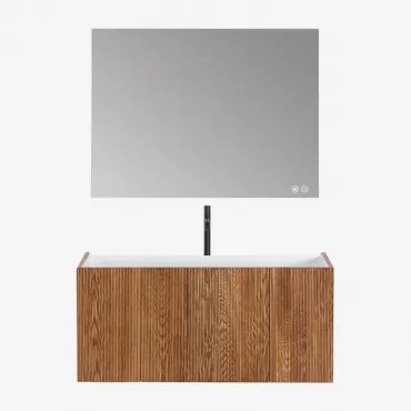 Hangend Badkamermeubelset Van Hout Met Geïntegreerde Wastafel Fiore Ash Brown & Rectangular Led And Antifog 120x90 Cm Riben & Mat Zwart - Sklum