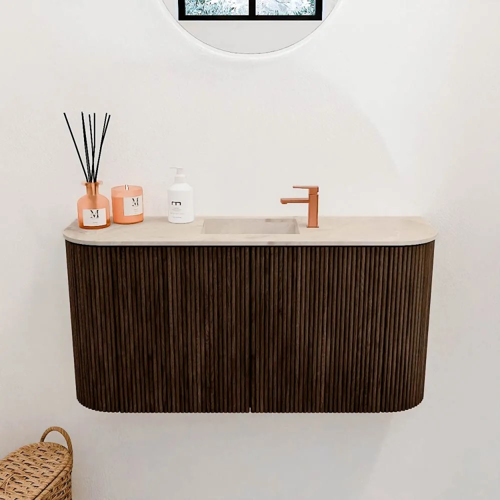 Mondiaz Joya DLux 85cm toiletmeubel ronding links/rechts walnut met wastafel faye midden 1 kraangat frappe