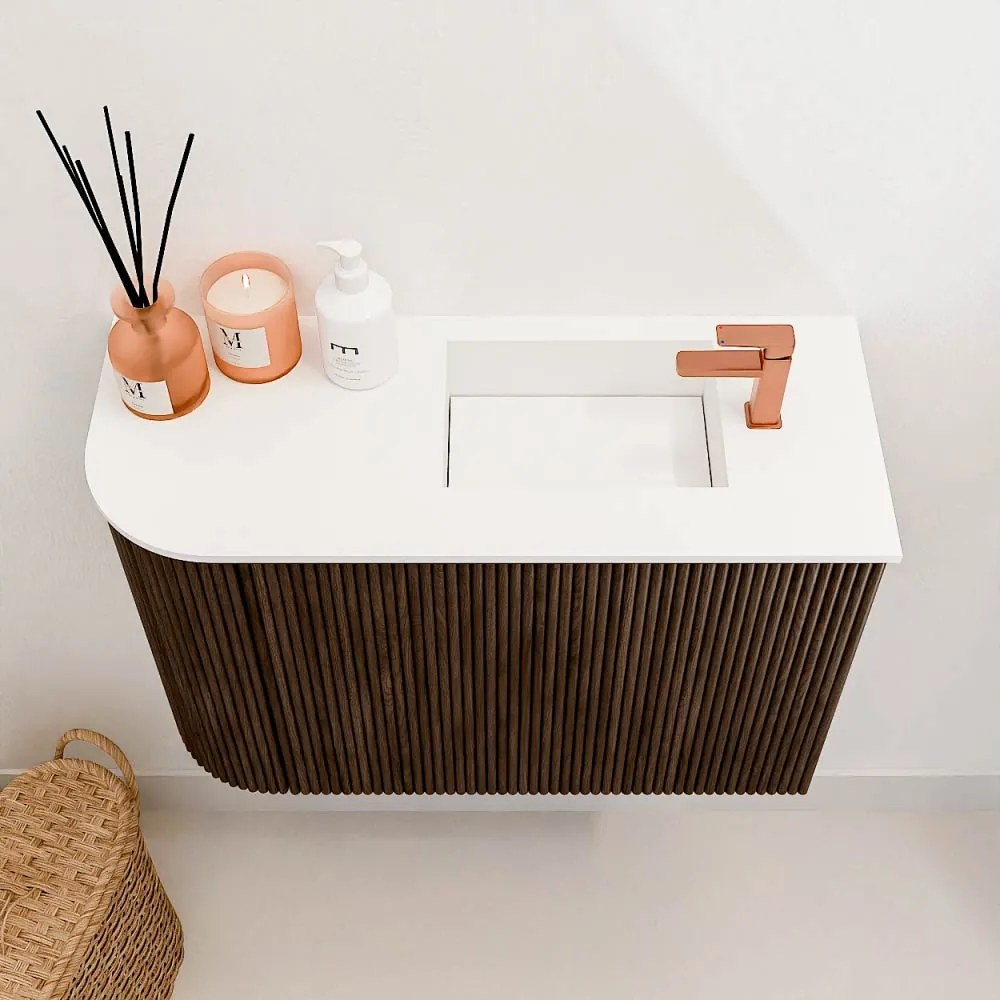 Mondiaz Joya 60cm toiletmeubel ronding links walnut met wastafel faye rechts 1 kraangat talc