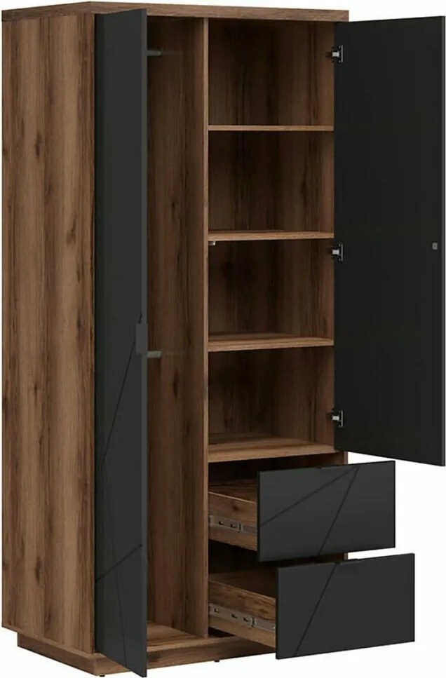 Kledingkast Fivale 105, Zwart, Donker delano-eik, 201x94x57cm, 95 kg, Kledingkast deuren: Met scharnieren, Aantal planken: 3, Aantal planken: 3