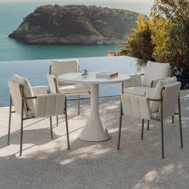 Set Van Ronde Tafel Ø90 Cm In Cement En Glasvezel Melody En 4 Tuinstoelen Met Armleuningen, Bekleed En Van Staal Zunika Groen – Intens Olijf - Sklum