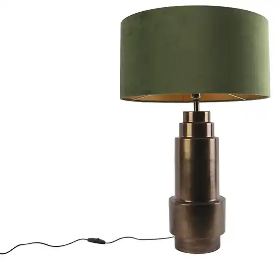 Landelijke tafellamp brons met velours kap taupe