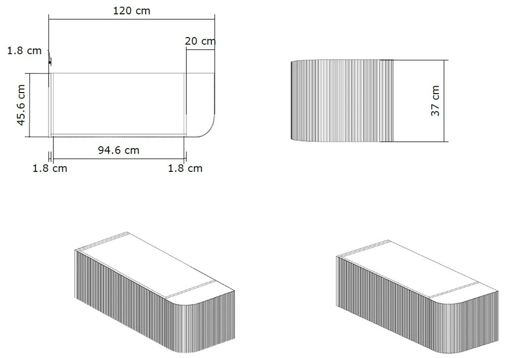 Gliss Design Alluro badmeubel ribbelfront met ronding rechts 120cm black en zwart leisteen toppaneel