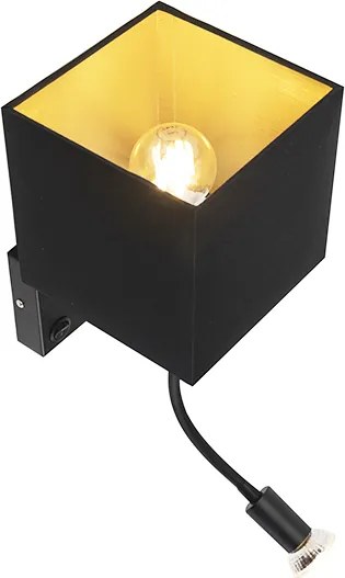 Moderne wandlamp zwart met USB en vierkante zwarte kap - Zeno