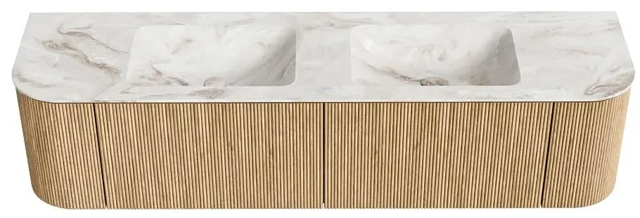Mondiaz Kurve-dlux 180cm badmeubel ronding links/rechts oak met 2 lades en deuren en wastafel leaf dubbel zonder kraangat frappe