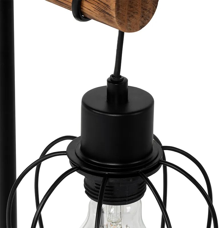 Landelijke tafellamp zwart met hout - Stronk