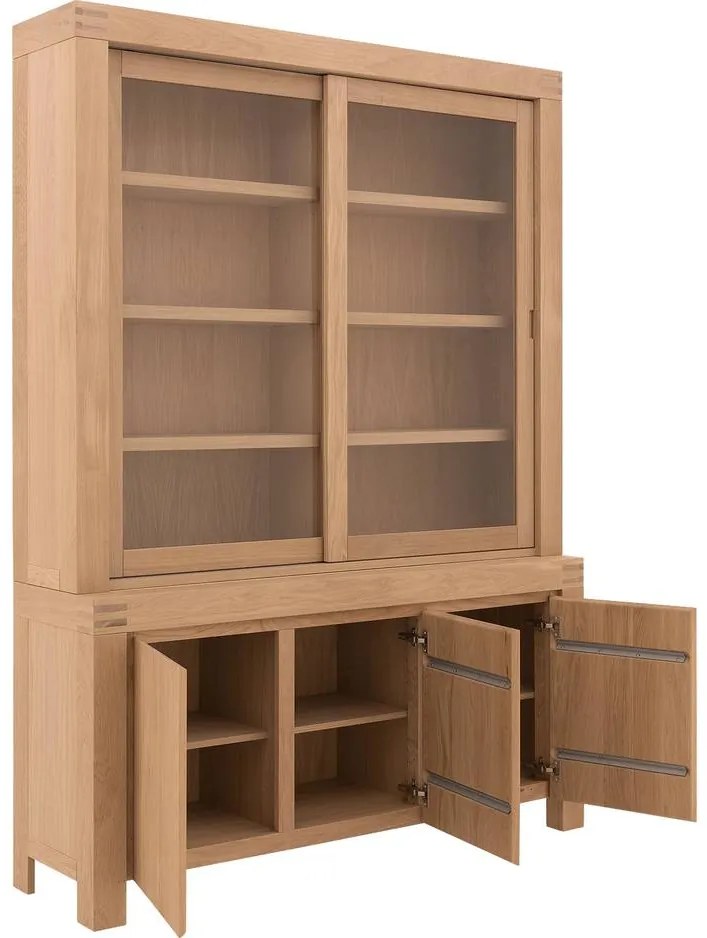 Goossens Buffetkast Clear, 2 glasdeuren boven, 3 dichte deuren onder, blank eiken, 162 x 225 x 45 cm, stijlvol landelijk