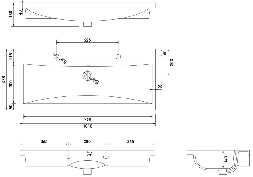 Brauer Halo wastafel keramiek 100cm met 2 kraangaten wit glans