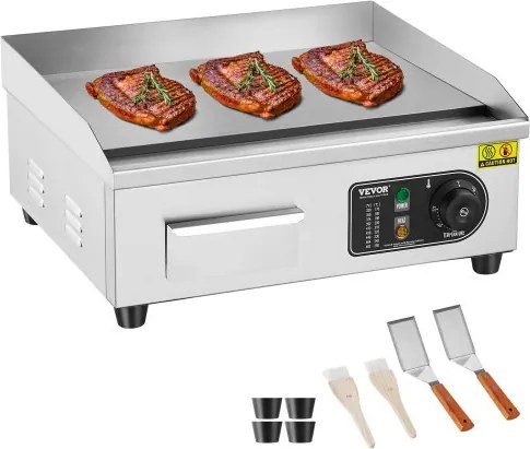 VEVOR Commerciële Elektrische Grill, 2800W, Vlakke Bakplaat voor op het aanrecht, Instelbare Temperatuur van 50-300°C, 45 x 30 x 1cm, RVS Bakplaat met 2 Schepjes en 2 Borstels voor Thuis of Restaurant