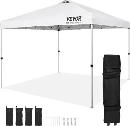 VEVOR Gazebo 304,8x304,8x320cm Tuintent 250D PU Zilver Gecoat Stof Opvouwbare Gazebo inclusief Opbergtas Partytent 6-8 Personen Pop-up Tent Witte Tuingazebo voor Kampeertrip