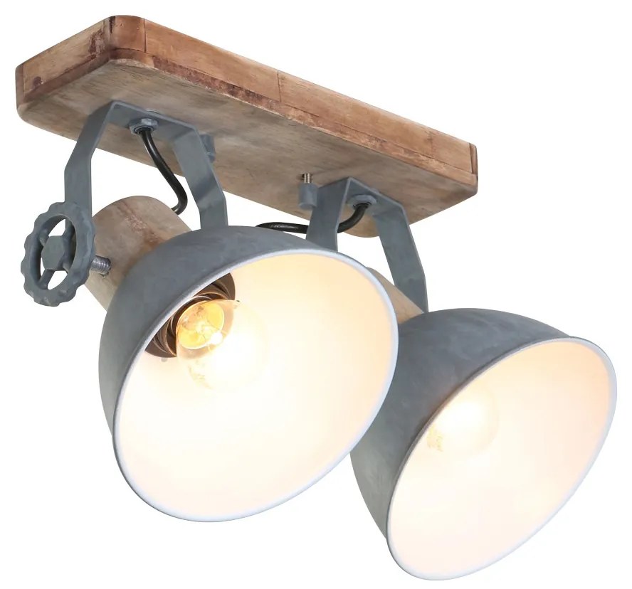 Industriële plafondSpot / Opbouwspot / Plafondspot hout met grijs 2-lichts draai- en kantelbaar - Gearwood Industriele / Industrie / Industrial E27 rond Binnenverlichting Lamp