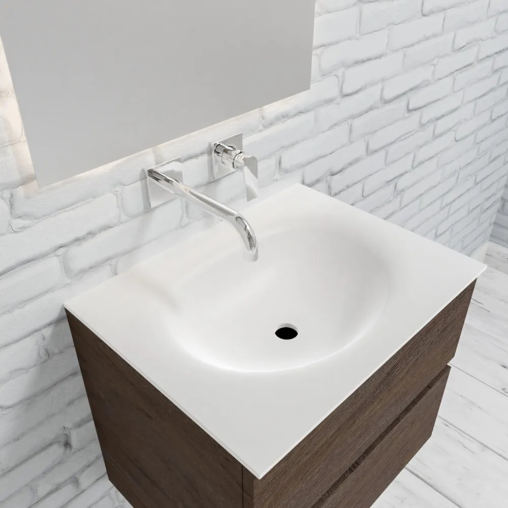 Zaro Sevilla Solid Surface badkamermeubel 60cm donker eiken zonder kraangat met 2 lades