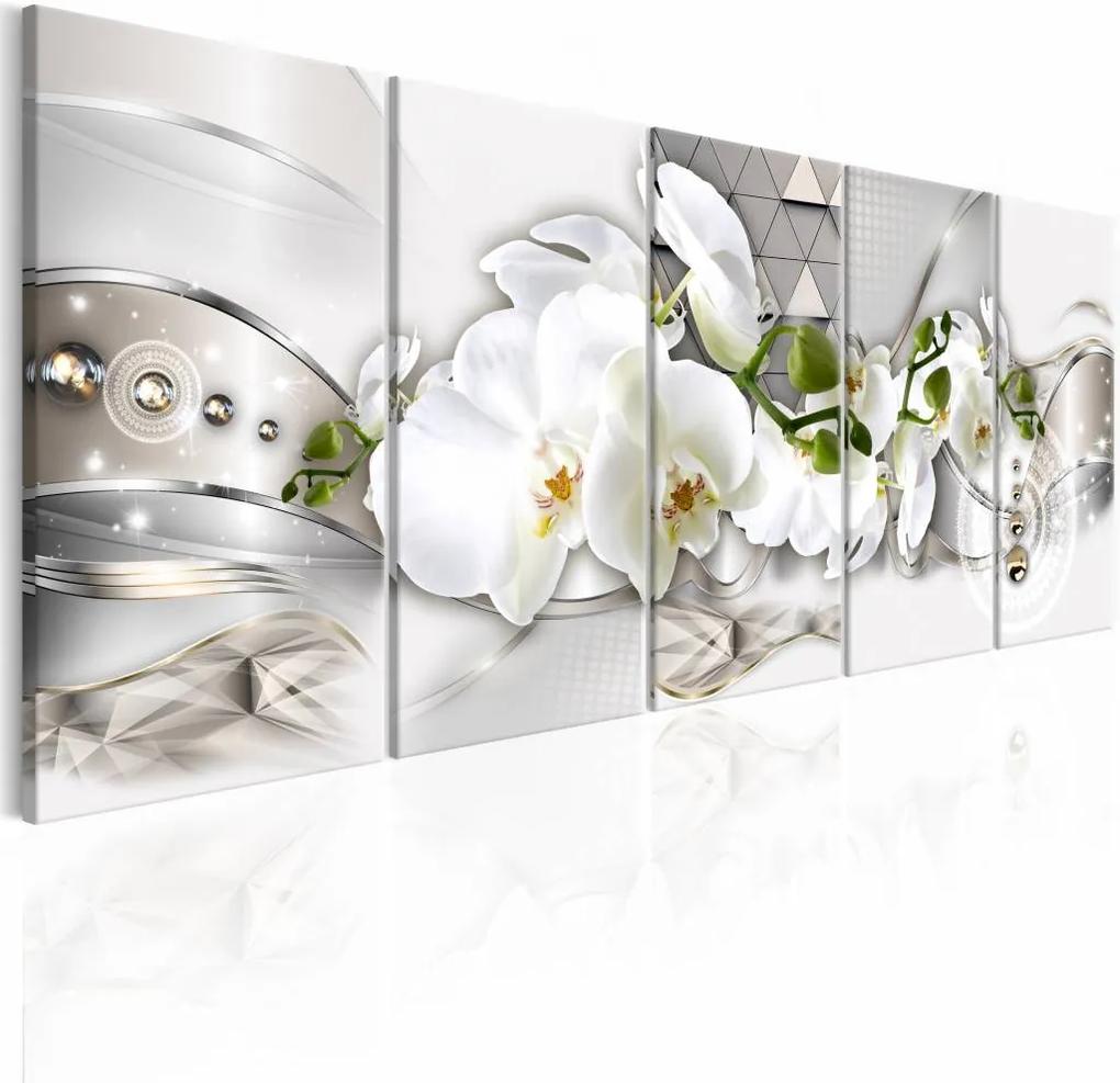 Schilderij - Prachtige Orchidee , wit zilver look , 5 luik