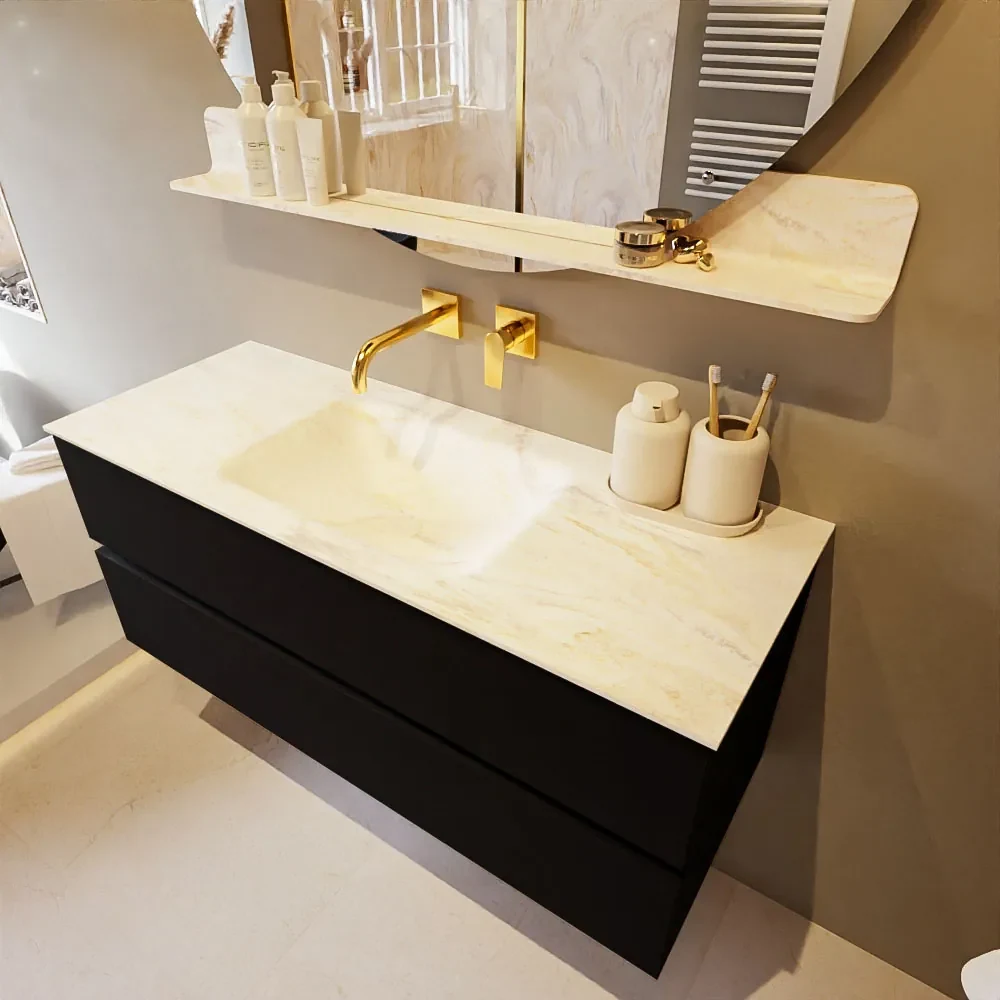 Mondiaz Vica DLux badmeubel 120cm urban 2 lades met wastafel ostra midden zonder kraangat
