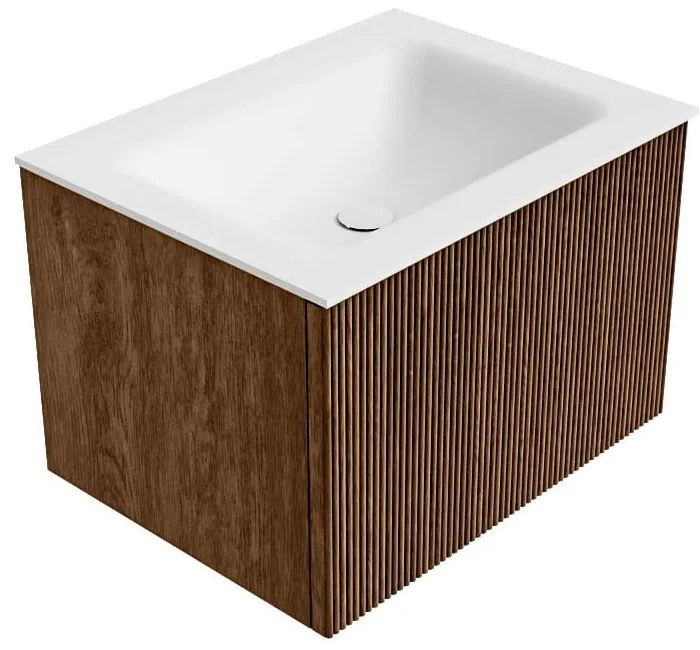 Mondiaz Kurve 60cm badmeubel walnut met 1 lade en wastafel cloud midden zonder kraangat