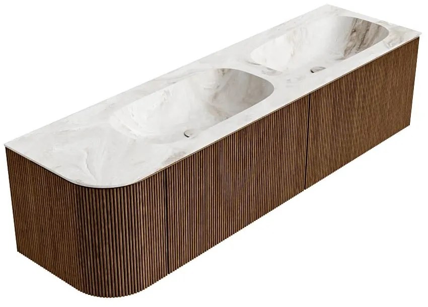 Mondiaz Kurve-dlux 165cm badmeubel ronding links walnut met 2 lades en 1 deur en wastafel stor small dubbel/rechts zonder kraangat frappe