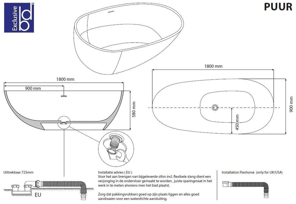 Best Design Solid Puur vrijstaand bad 180x90x58cm mat wit