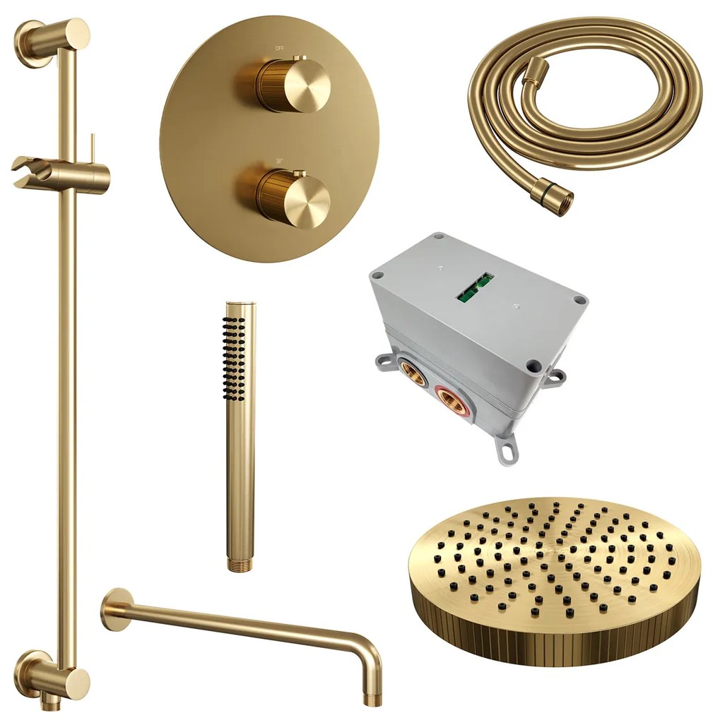 Brauer Stripe inbouw regendouche rond met 25cm hoofddouche, rond met gebogen muurarm, glijstang en staafhanddouche set 44 messing geborsteld PVD