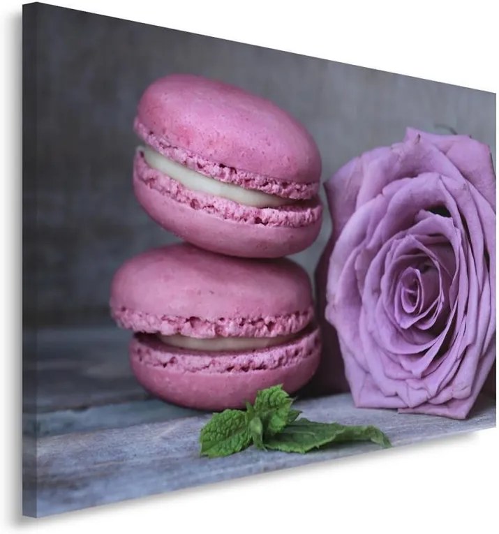 Schilderij - Roze macarons en paarse roos