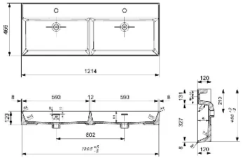 Plieger Kansas wastafel dubbel met 2 kraangaten met overloop 120x46.6cm mat zwart