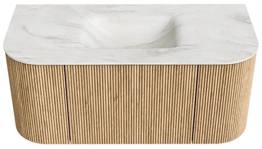 Mondiaz Kurve-dlux 100cm badmeubel ronding links/rechts oak met 1 lade en 2 deuren en wastafel grunne midden zonder kraangat ostra