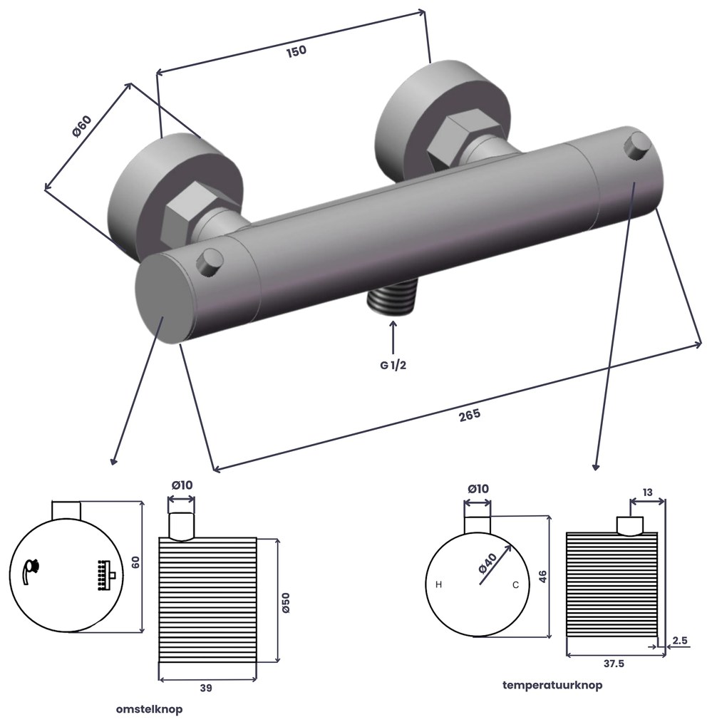 Saniclear Antique Stripes opbouw douchethermostaat verouderd messing