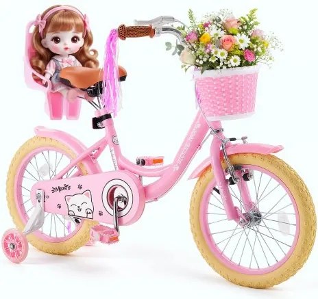 VEVOR Kinderfiets voor 4-7-jarigen, 16-inch racefiets met zijwieltjes, roze, kinderfiets van koolstofstaal voor meisjes, prinsessenstijl, dubbele remmen, verstelbaar zadel, met poppenzitje en mandje voorop