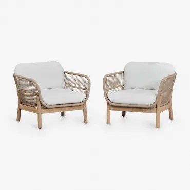 Set Van 2 Fauteuils Van Acaciahout En Gevlochten Touw Karvia Lichte Acaciekleur & Stof Wit - Sklum