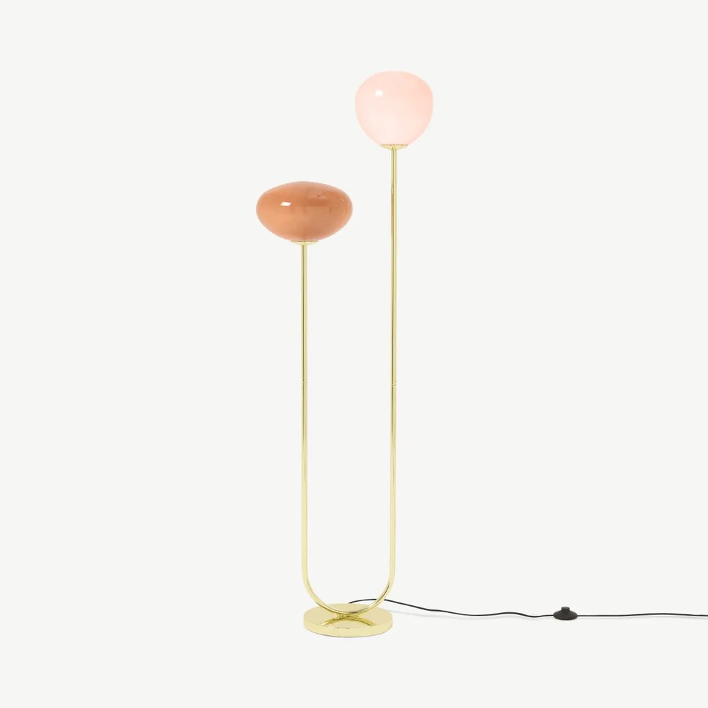 Adrianne staande lamp, roze en wijnrood glas en messing