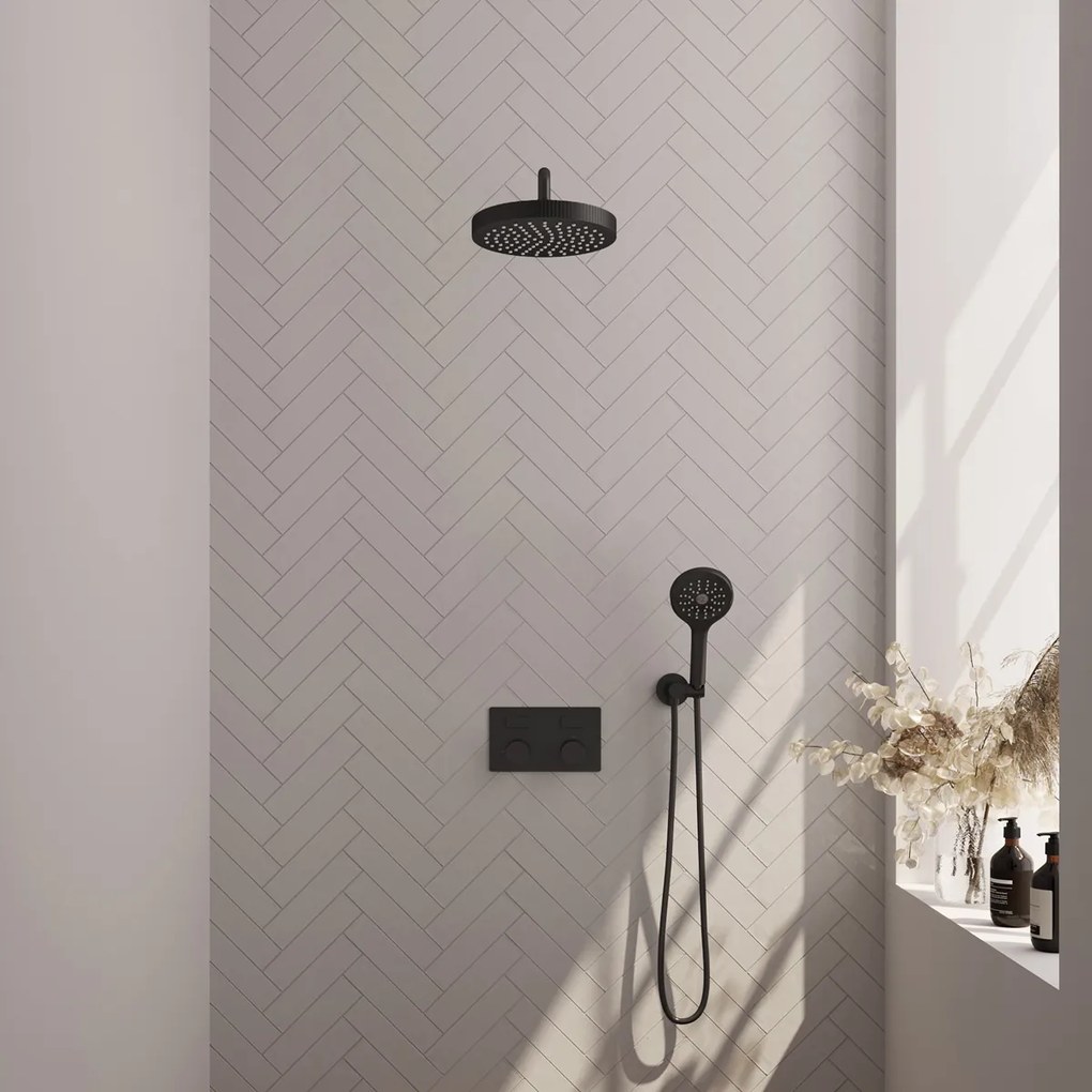 Brauer Stripe inbouw regendouche met 25cm hoofddouche, gebogen muurarm en 3 standen handdouche set 29 zwart mat