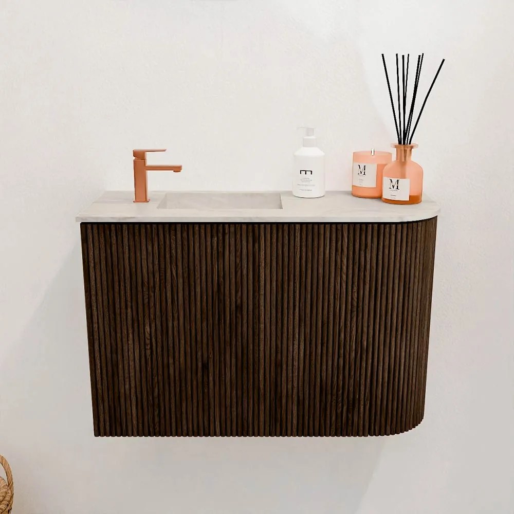 Mondiaz Joya DLux 60cm toiletmeubel ronding rechts walnut met wastafel faye links 1 kraangat ostra