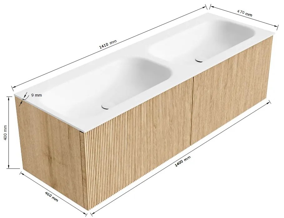 Mondiaz Kurve 140cm badmeubel shadow met 2 lades en wastafel big small dubbel 2 kraangaten urban