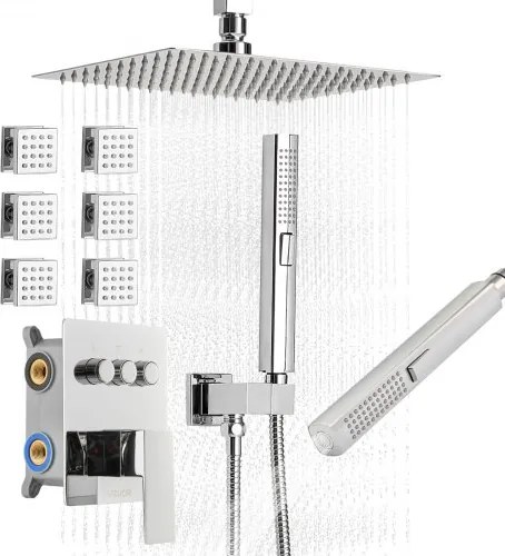 VEVOR Douchesysteemset met 10 inch regendouchesysteem / 6 lichaamssproeiers / 2-in-1 handdouche, draaibaar regenkopsysteem (3 functies), messing klep en afwerkingsset, chromen badkamer