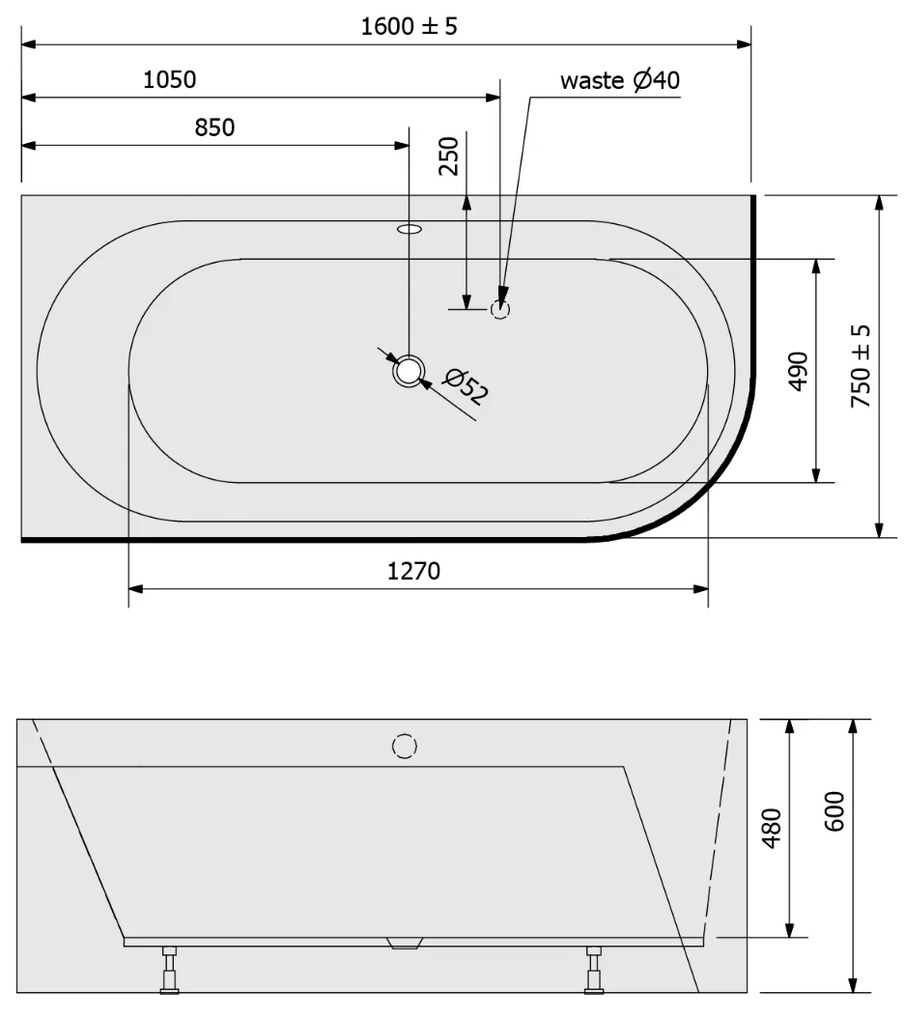 Polysan Monolith ligbad links 160x75x60cm wit