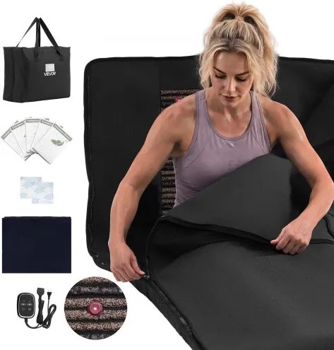 VEVOR infrarood saunadeken met minerale stenen, 185x90cm, zwart, draagbare verwarmde deken voor zweten, ontspanning en detox, temperatuurregeling van 30-75°C, timer van 20-60 minuten, PU-leer, inclusief draagtas