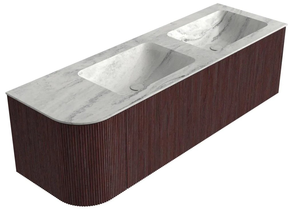 Mondiaz Kurve-dlux 145cm badmeubel ronding links ruby met 1 lade en deur en wastafel leaf dubbel/rechts zonder kraangat opalo