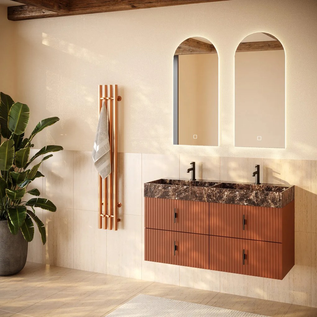Muebles Murcia badmeubel ribbelfront 120cm terracotta met Dark Emperador wastafel met kraangaten