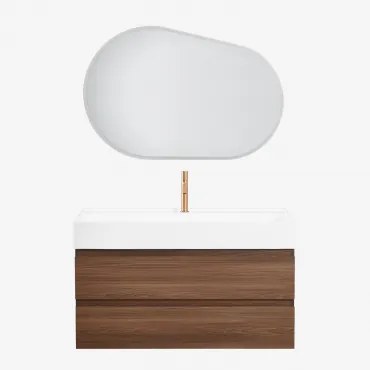 Badkamermeubelset Van Hout En Essenhoutfineer Met Geïntegreerde Wastafel Ona Donker Hout & Ovaal Led En Anticondens 100x80 Cm Meunier - Sklum