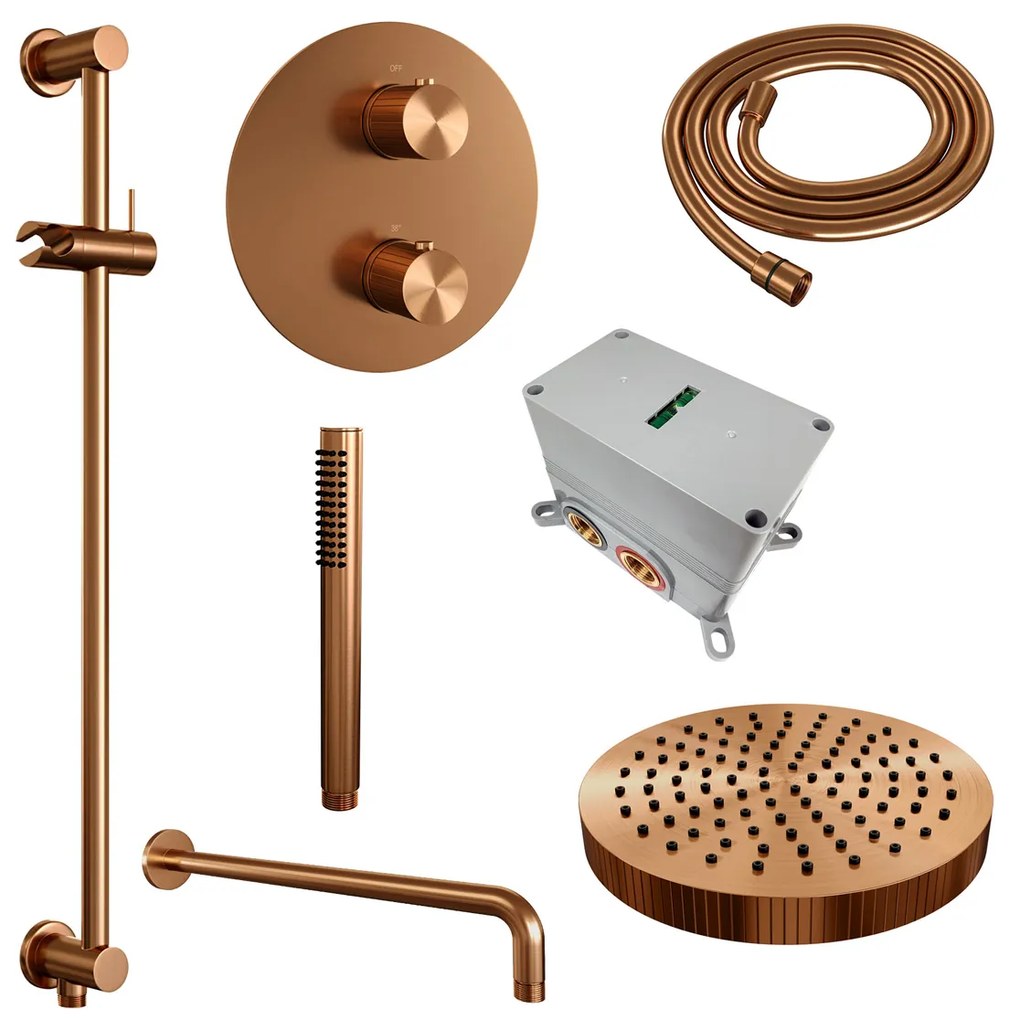 Brauer Stripe inbouw regendouche rond met 25cm hoofddouche, rond met gebogen muurarm, glijstang en staafhanddouche set 44 koper geborsteld PVD