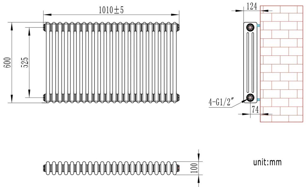 Eastbrook Rivassa 3 koloms radiator 100x60cm staal 1794W antraciet