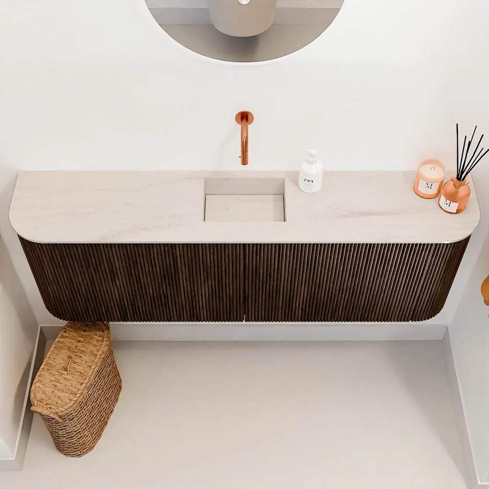 Mondiaz Joya DLux 125cm toiletmeubel ronding links/rechts walnut met wastafel faye midden zonder kraangat meli